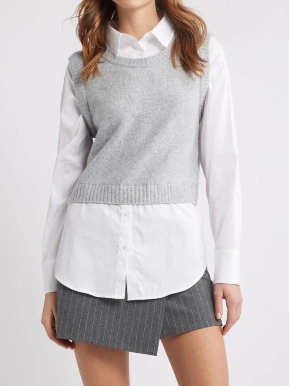 Open Edit Layered Look Gray Sweater Vest white Shirt Size XL